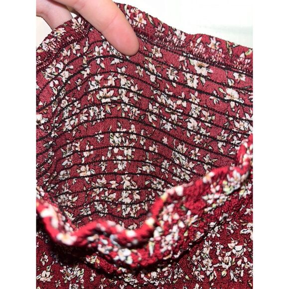 ONEYIM Burgundy Floral Print Long Sleeve Off The Shoulder Summer Dress - Picture 5 of 7